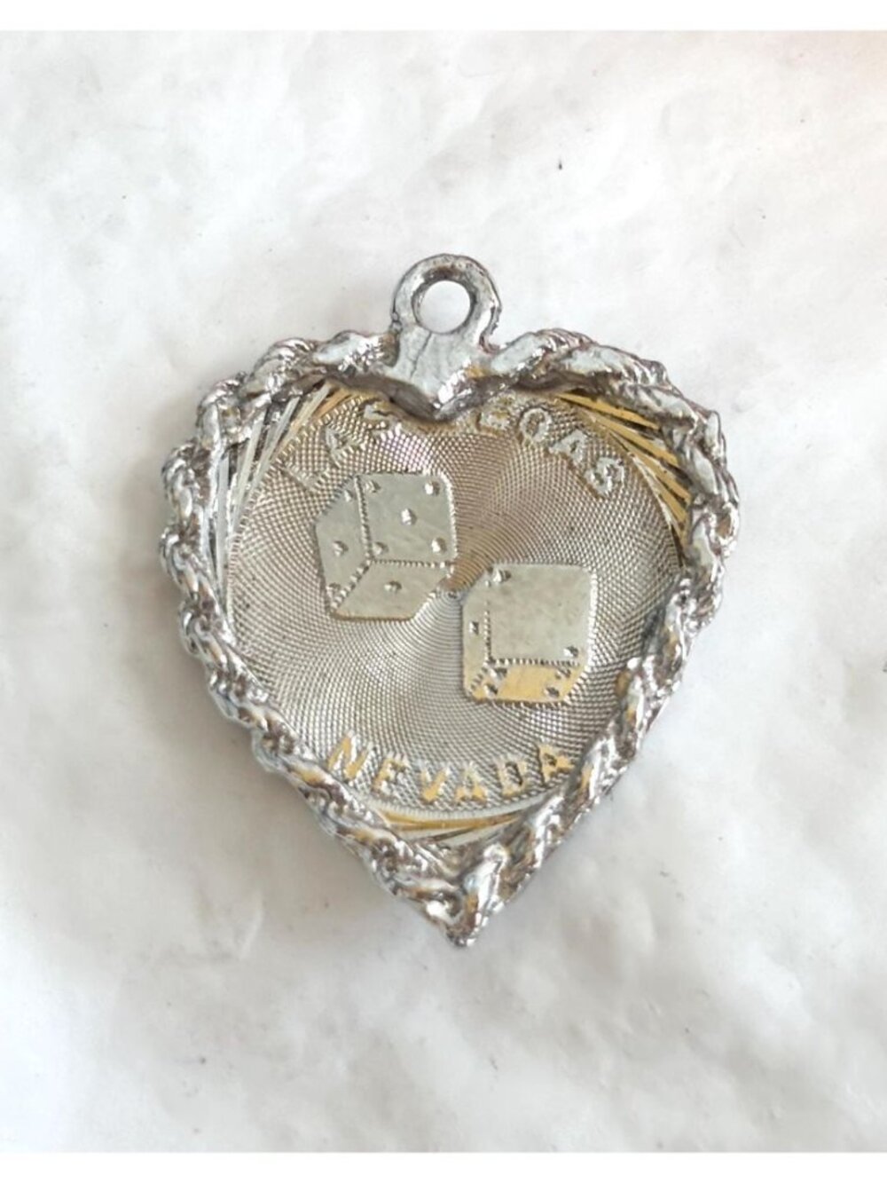 Sterling "Welcome to Las Vegas" Textured Heart Hanging Dice Vintage 925 Pendant